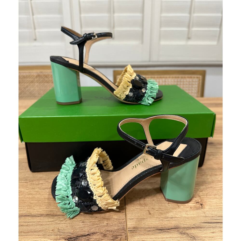 Kate Spade Bora Bora Heel Black Natural Mint Crochet Raffia Size 5 NIB Vacation - Picture 10 of 16
